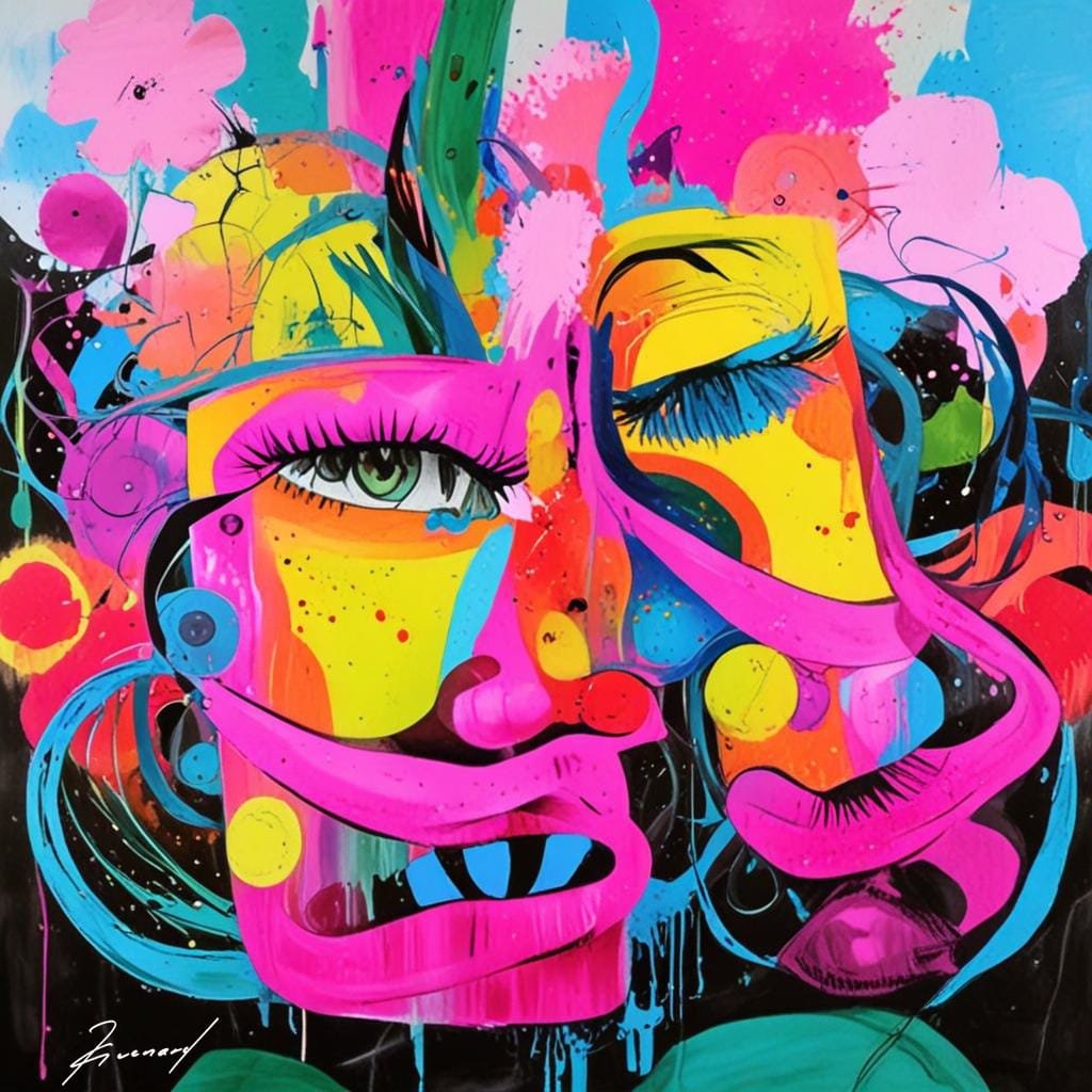 image d'art moderne combinant intelligence artificielle et peinture abstraite contemporaine.