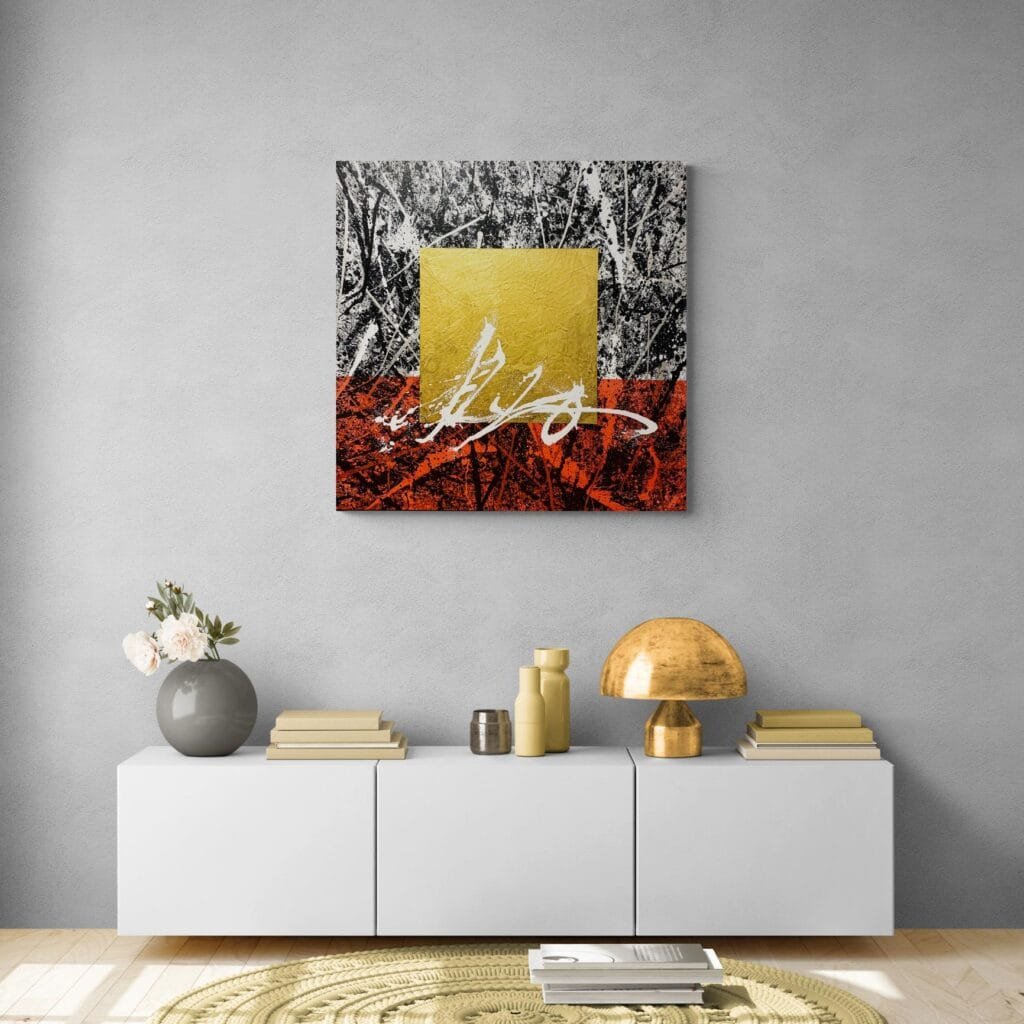 tableau abstrait moderne rouge et or, doré pour décoration murale tableaux abstrait contemporain accroché au mur d'un salon moderne