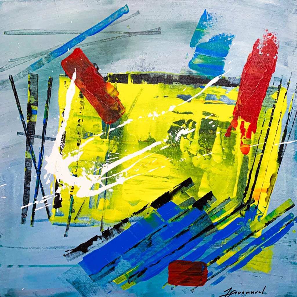 peinture abstraite colorée fait main dans les tons jaune, bleu et rouge.